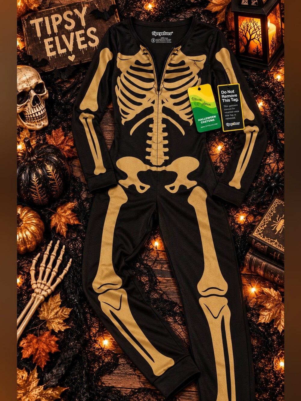 Tipsy Elves Gold Skeleton Bodysuit Womenโs S NWT Halloween Costume